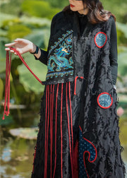 Black Embroidered Patchwork Cotton Long Waistcoat V Neck Spring