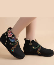 Black Embroidered Boots Cotton Fabric 2024 Zippered Ankle Boots