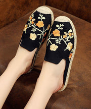 Black Embroideried Cotton Fabric Slippers Shoes - SooLinen