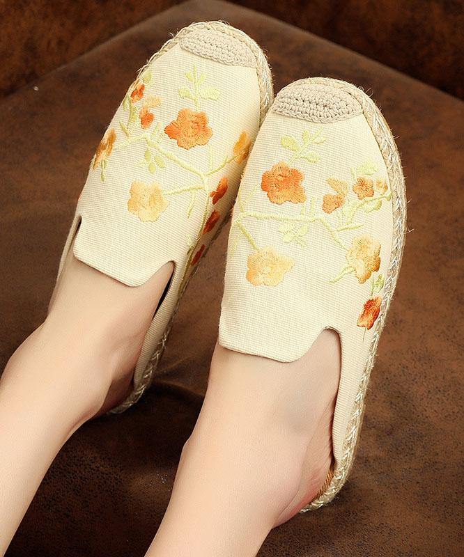 Black Embroideried Cotton Fabric Slippers Shoes - SooLinen