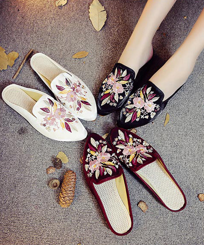 Black Embroidered Cotton Fabric Women Pointed Toe Slide Sandals