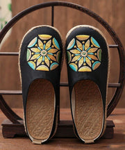 Black Embroideried Cotton Linen Slippers Shoes - SooLinen