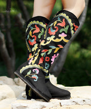 Black Embroidered Cowgirl Boots Cotton Fabric zippered Knee Boots