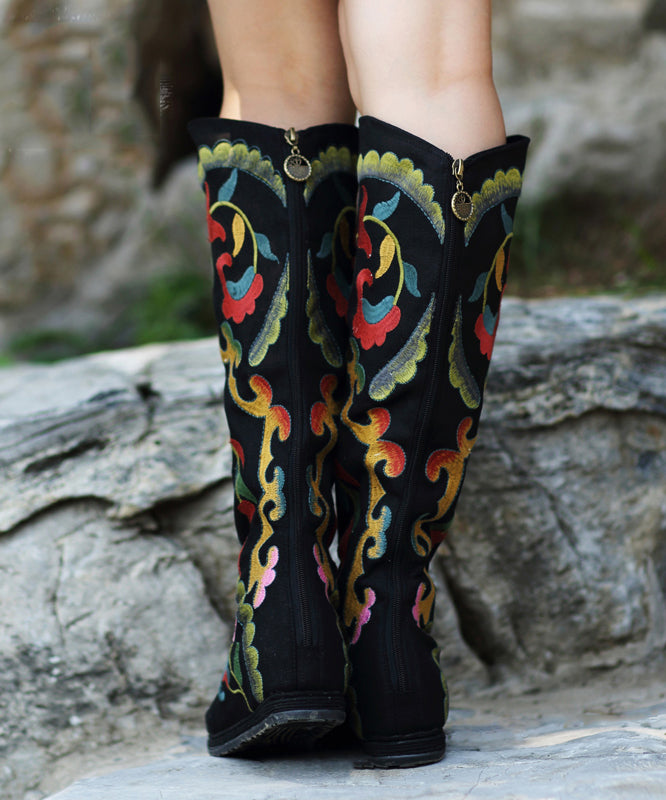 Schwarze, bestickte Cowgirl-Stiefel aus Baumwollstoff mit Reißverschluss, kniehohe Stiefel