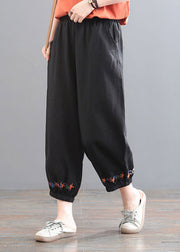 Black Embroidered Floral Elastic Waist Harem Pants Summer