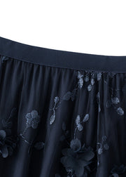 Black Embroidered Floral Elastic Waist Tulle A Line Skirts Spring