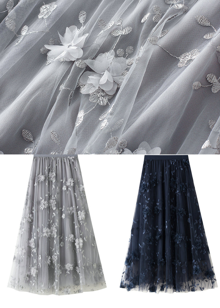 Black Embroidered Floral Elastic Waist Tulle A Line Skirts Spring