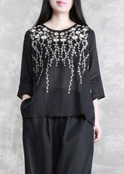 Black Embroidered Floral Linen Top Three Quarter Sleeve
