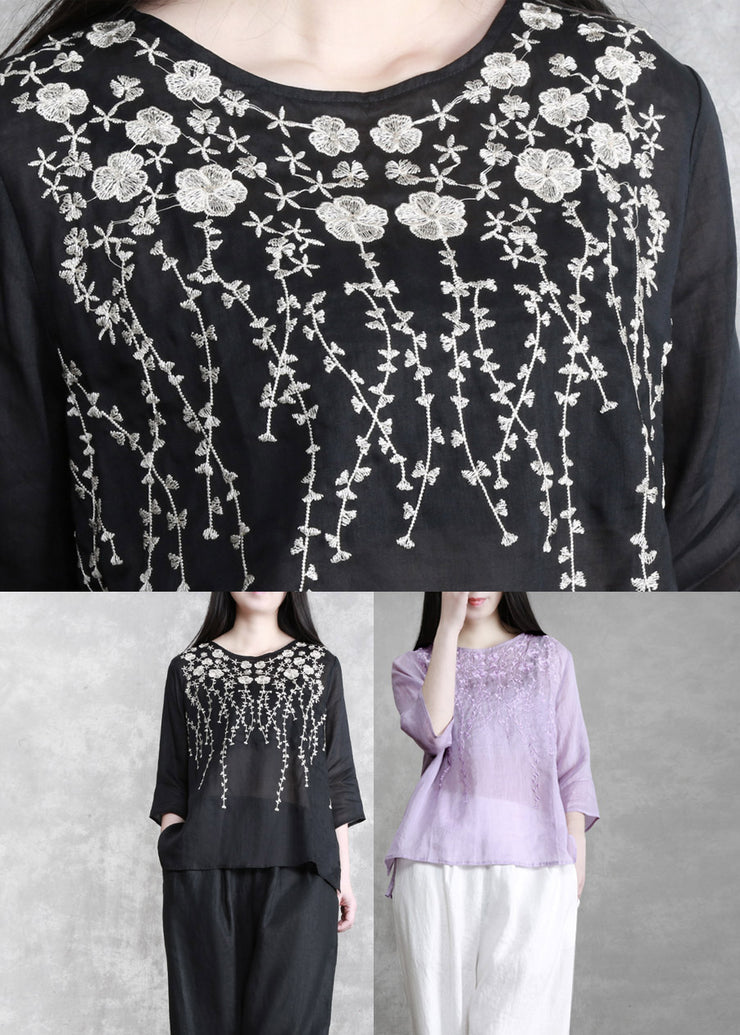 Black Embroidered Floral Linen Top Three Quarter Sleeve