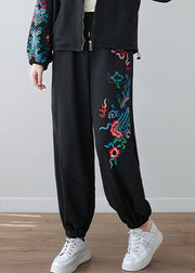 Black Embroidered Floral Pockets Elastic Waist Pants Fall