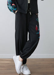 Black Embroidered Floral Pockets Elastic Waist Pants Fall