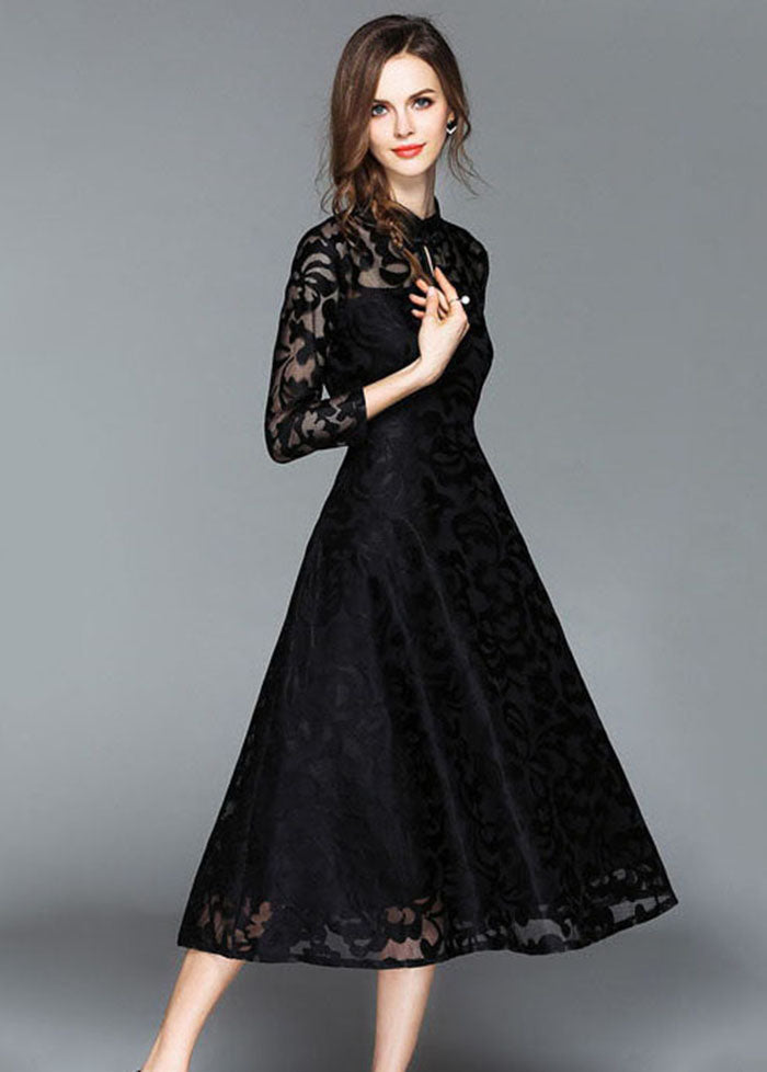 Black Embroidered Lace Vintage Dress Stand Collar Fall