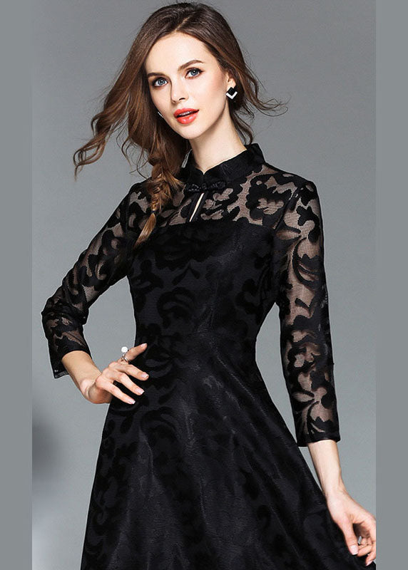 Black Embroidered Lace Vintage Dress Stand Collar Fall