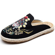 Black Embroideried Slippers Shoes - SooLinen