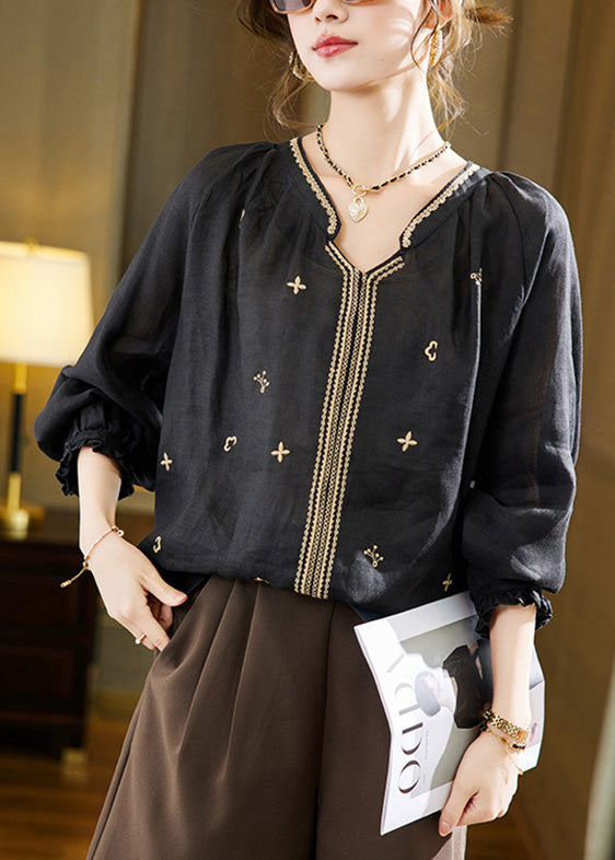 Black Embroidered Solid Linen Top Long Sleeve