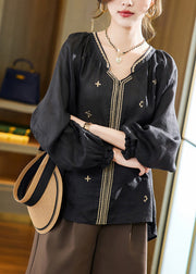 Black Embroidered Solid Linen Top Long Sleeve
