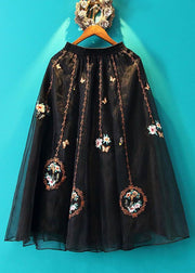 Black Embroidered Tulle Skirts Wrinkled Retro Summer