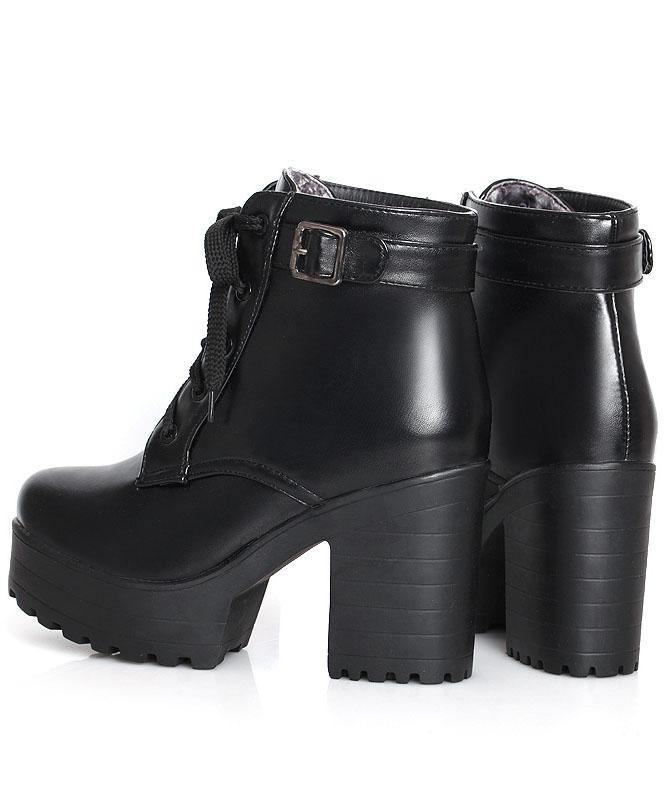 Black Faux Leather Boots Cross Strap Chunky Heel - SooLinen