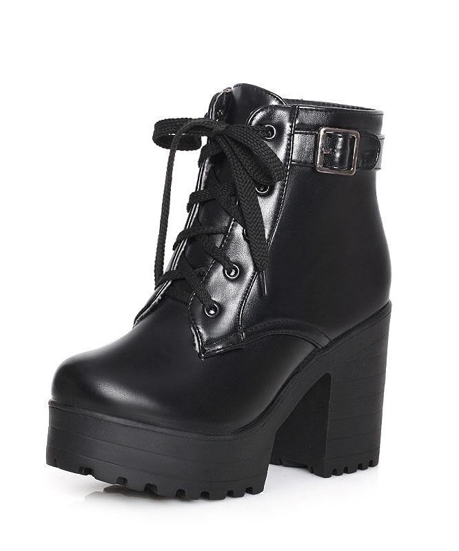 Black Faux Leather Boots Cross Strap Chunky Heel - SooLinen