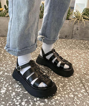Black Faux Leather Flat Sandals Buckle Strap Hiking Sandals - SooLinen
