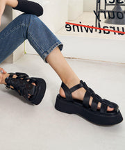 Black Faux Leather Flat Sandals Buckle Strap Hiking Sandals - SooLinen