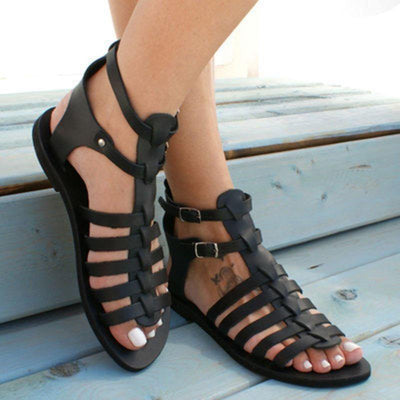 Black Faux Leather Flat Sandals Buckle Strap Water Sandals - SooLinen