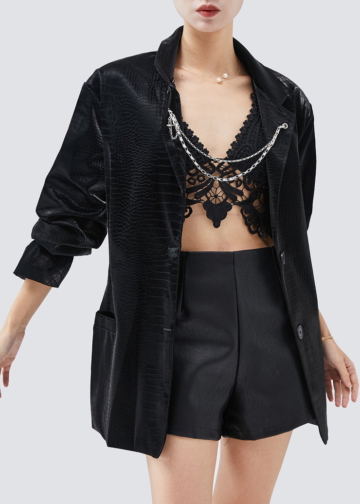 Black Faux Leather Jacket Oversized Metal Chain Spring