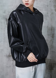 Black Faux Leather Loose Sweatshirt Hooded Pockets Winter