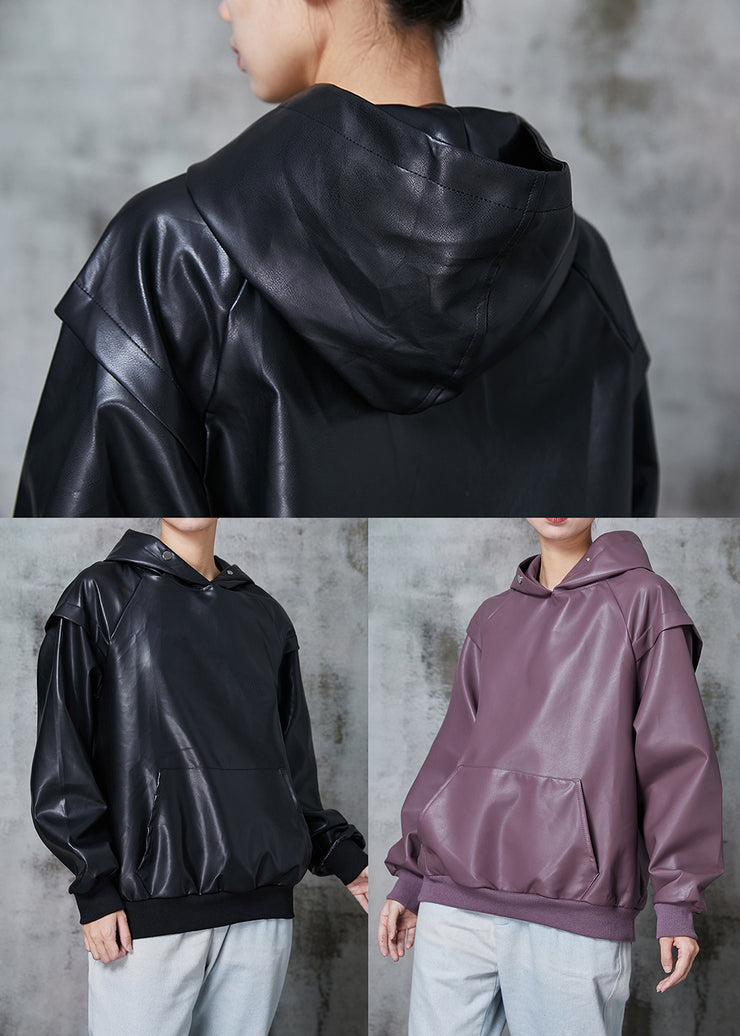 Black Faux Leather Loose Sweatshirt Hooded Pockets Winter