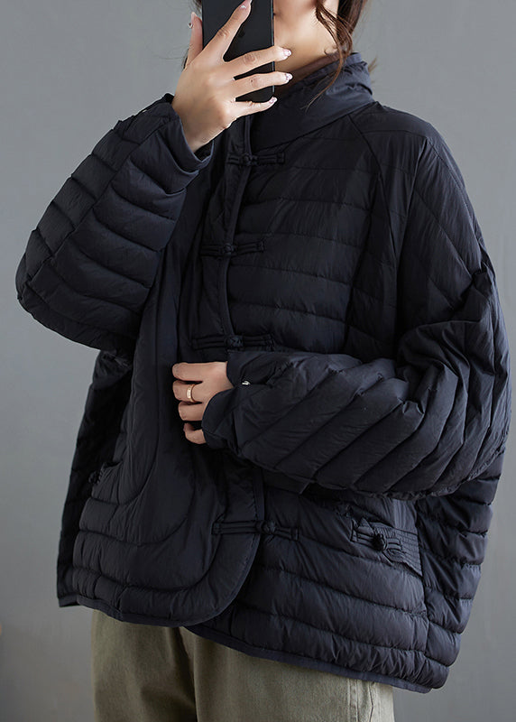 Black Fine Cotton Filled Jacket Oversized Chinese Button Winter