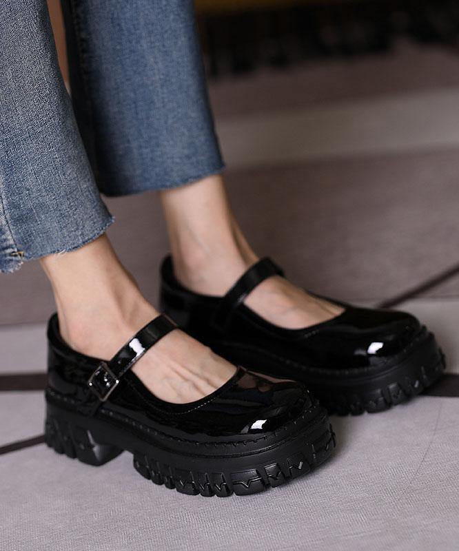 Black Flat Feet Shoes Buckle Strap Platform Flat Shoes For Women - SooLinen
