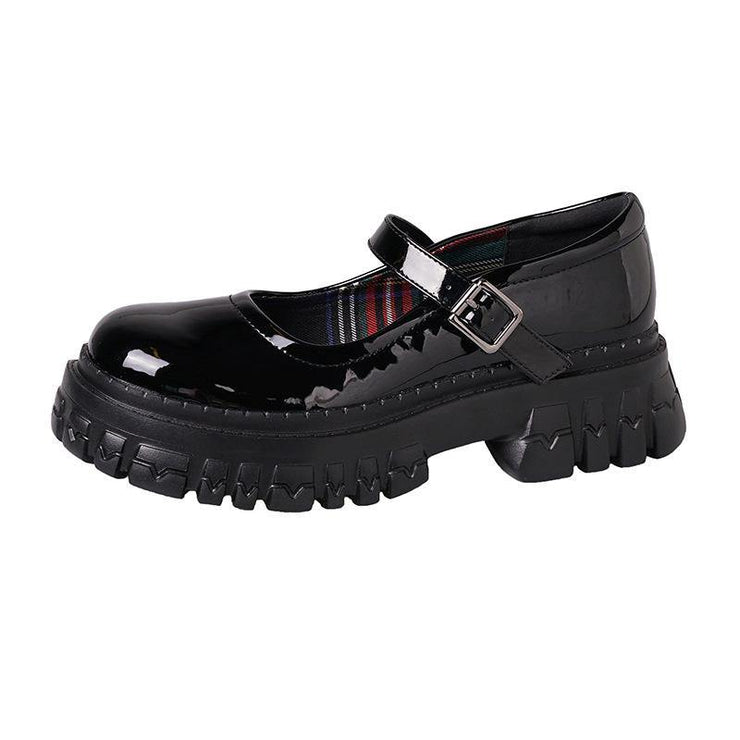 Black Flat Feet Shoes Buckle Strap Platform Flat Shoes For Women - SooLinen