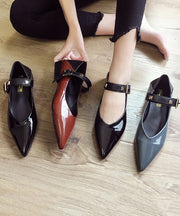 Black Flat Feet Shoes Faux Leather Women Splicing Buckle Strap
