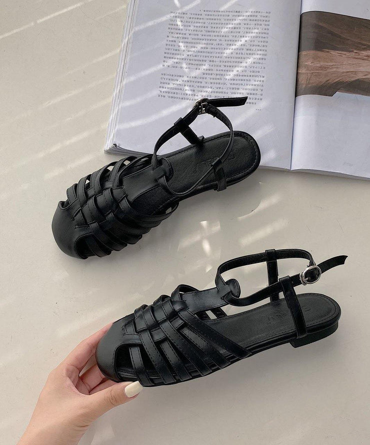 Black Flat Sandals Faux Leather Comfy Buckle Strap Water Sandals - SooLinen
