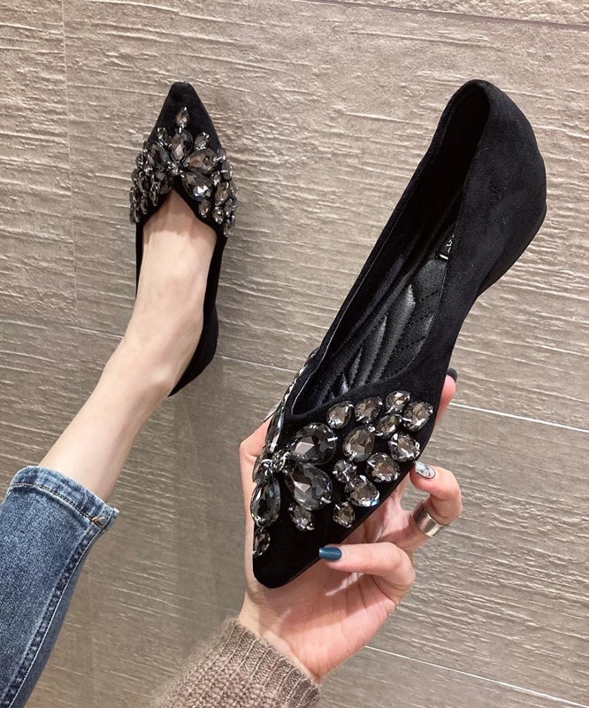 Black Flat Shoes Fashion  Splicing Zircon Pointed Toe