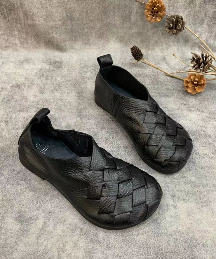 Black Flat Shoes For Women Handmade Cowhide Leather Fitted Splicing