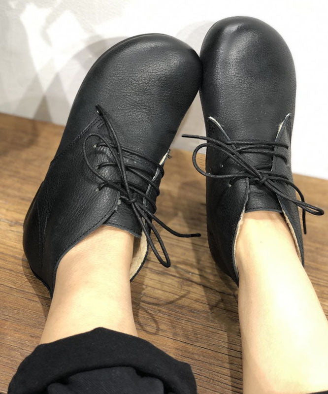 Black Flat Shoes For Women Lace Up Fuzzy Wool Lined Flat Shoes