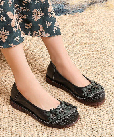 Black Floral Cowhide Leather Flats Splicing Flat Feet Shoes - SooLinen