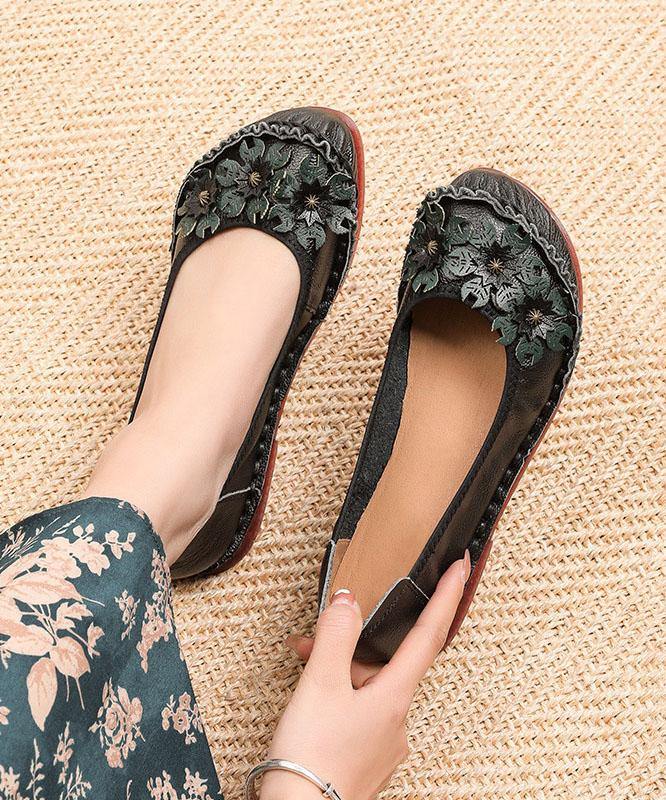Black Floral Cowhide Leather Flats Splicing Flat Feet Shoes - SooLinen