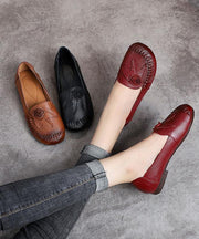 Black Floral Cowhide Leather Loafer Shoes  Loafer Shoes - SooLinen