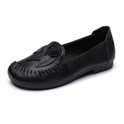 Black Floral Cowhide Leather Loafer Shoes  Loafer Shoes - SooLinen