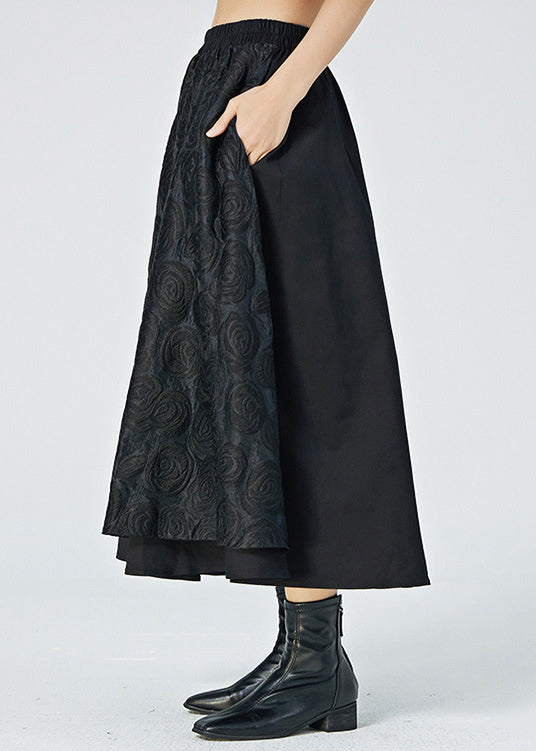 Black Floral Elastic Waist Maxi Skirt
