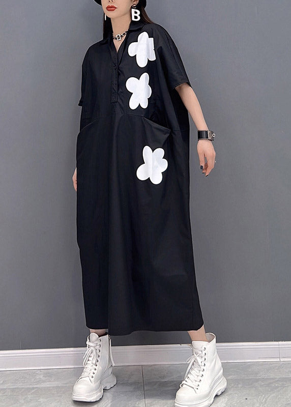 Black Floral Patchwork Pockets Button Dress Short Sleeve