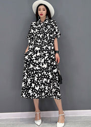 Black Floral Print Cotton Long Dresses Turn-down Collar Short Sleeve