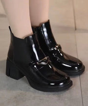 Black Genuine Leather Chunky Boots Zippered Simple Splicing