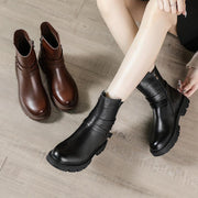 Black Genuine Leather Platform  flat boots - SooLinen