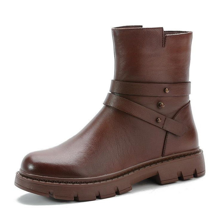 Black Genuine Leather Platform  flat boots - SooLinen