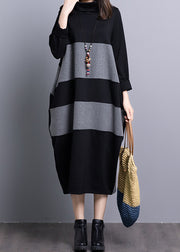 Black Grey Striped Knit Holiday Dresses Long Sleeve