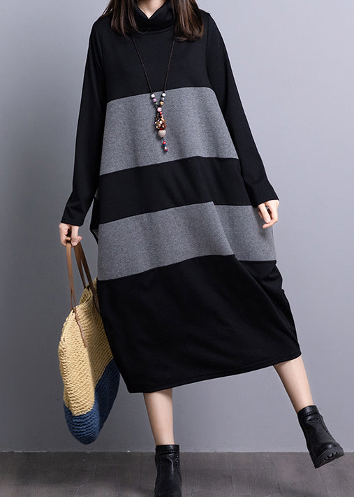 Black Grey Striped Knit Holiday Dresses Long Sleeve