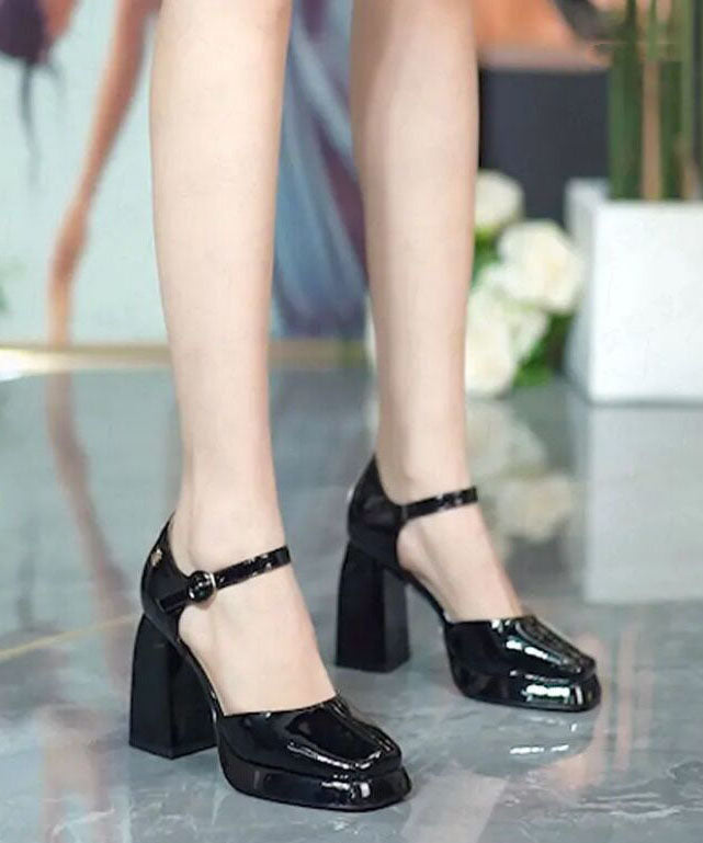 Black High Heels Chunky Cowhide Leather Plus Size Buckle Strap Platform Heels